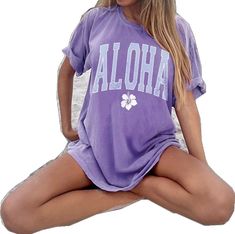 Oversized Purple T-shirt For Summer, Leisure Short Sleeve Summer Tops, Summer Short Sleeve Leisure Tops, Casual Purple Tops For Beach Season, Purple T-shirt For Summer Loungewear, Summer Purple T-shirt For Loungewear, Purple Crew Neck Top For The Beach, Purple Graphic Print Tops For Vacation, Casual Purple T-shirt For Vacation