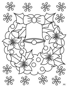 a christmas wreath with bells, holly and snowflakes in the background coloring page