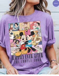 Embark on a magical journey through love with our "Happily Ever After Couples Tour" Cotton Tee! This enchanting shirt features beloved Disney couples like Up's Carl and Ellie, The Little Mermaid's Ariel and Eric, and more, celebrating the timeless magic of true love. Crafted from soft and comfortable cotton, this tee is not just a shirt—it's a romantic ode to your favorite Disney love stories. Wear it proudly and let the world witness your passion for the enchanting world of love and fairy tales! 💖🏰 Disney Style T-shirt With Cartoon Print For Disney Trips, Disney Character Print Tops For Disney Trips, Disney Character Print Tops, Themed Cartoon Print Tops For Disney Trips, Themed Tops For Disney Trips With Character Print, Disney Themed Character Print Tops, Disney T-shirt With Cartoon Print For Disney Trips, Disney T Shirt Ideas, Couples Disney Shirts