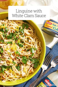 linguinne with white clam sauce in a yellow bowl