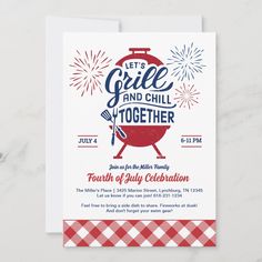 a red and white bbq party card with the words let's grill and chill together