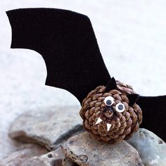 a pine cone bat sitting on top of rocks with eyes drawn on it's nose