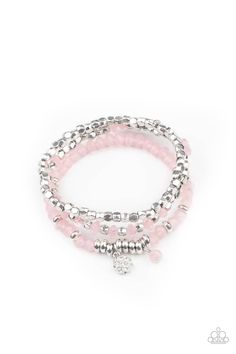 A glimmering collection of silver discs, silver cube beads, and opaque pink crystal-like beads are threaded along stretchy bands around the wrist, creating icy layers. A matching opaque crystal and white rhinestone encrusted charm swing from the display for a whimsical finish. Sold as one individual bracelet. Bling Party, True Winter, Cube Beads, Jewelry Images, Paparazzi Accessories, White Rhinestone, Paparazzi Jewelry, Pink Bracelet, Shiny Silver