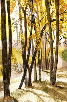 a painting of trees with yellow leaves on them