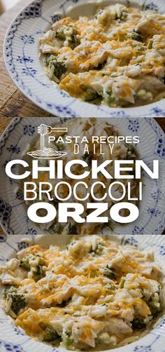 chicken broccoli orzo on a plate with the words pasta recipes daily