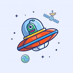 an orange spaceship flying through the sky next to a small earth with stars on it