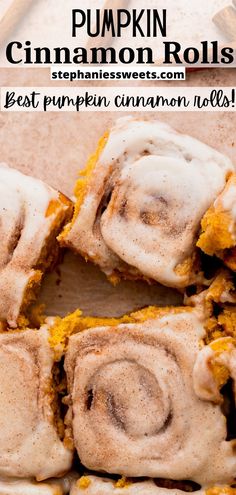 pumpkin cinnamon rolls are cut into squares and stacked on top of each other