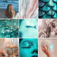 a collage of photos with mermaids and seashells