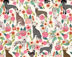 an animal themed wallpaper with flowers and animals on it's sides, including two dogs