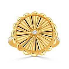 Diamond 18K Yellow Gold Starburst Fluted Disc Ring Diamond Ring With Fluted Bezel, Disc Ring, Estate Engagement Ring, Gemstone Rings Vintage, Gold Starburst, Vintage Inspired Rings, Round Diamond Setting, Antique Wedding Rings, Diamond Fashion Rings