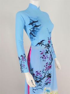 Áo Dài Lụa Giản Màu Xanh In Hoa | Blue Ao Dai Vietnamese Lụa mềm có độ giản. Blue Ao Dai For Summer, Fitted Blue Ao Dai For Summer, Summer Fitted Blue Ao Dai, Blue Fitted Long Sleeve Ao Dai, Ao Dai Vietnamese, Neck Dress, High Neck, High Neck Dress, Dresses With Sleeves