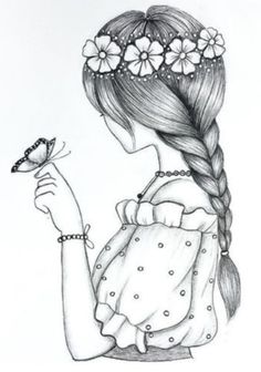 a drawing of a girl holding a butterfly in her hand and wearing a flower crown