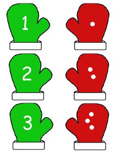 three green and two red mitts with numbers on the top, one in the middle