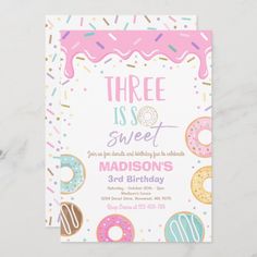 a birthday party card with donuts and sprinkles on the front, in pink