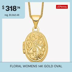 Features: Quick ShipJewelry Closure: Spring Ring ClaspLink Construction: SolidShape: OvalMetal Color: YellowChain Length: 18 InchChain Width: .5 MillimetersPendant Length: 20mmPendant Width: 13mmChain Construction: BoxCare: Wipe CleanMetal: 14k GoldNecklace Type: Locket NecklacesCountry of Origin: Imported Oval Locket Necklace, Locket Necklaces, Oval Locket, Locket Necklace, Spring Rings, Locket, Necklaces, Pendant Necklace, Ring