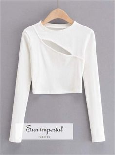 Women White Hollow out front Rib Fit top Hole front Fit Cropped Long Sleeve T-shirt Cheap White Raglan Sleeve Tops, Outfit Creator, White Long Sleeve Crop Top, Imperial Fashion, Jersey Pattern, Full Sleeve Tshirt, Cropped Long Sleeve, Solid Clothes, High Fashion Street Style