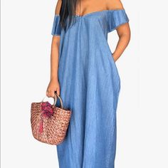 Brand New! The Dress Is Super Long In Length Neck Style: Off Shoulder Neck Sleeve Type: Short-Sleeve Fit Type: Loose Casual Non-stretch Maxi Dress With Pockets, Blue Off-shoulder Denim Dress, Casual Blue Relaxed Fit Maxi Dress, Casual Blue Maxi Dress With Relaxed Fit, Blue Denim Off-shoulder Dress, Casual Off-shoulder Denim Dress, Casual Maxi Dress With Pockets For Day Out, Casual Light Blue Maxi Dress For Spring, Casual Light Blue Spring Maxi Dress