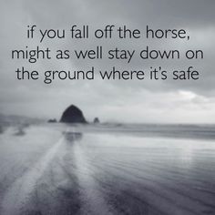 a black and white photo with the quote if you fall off the horse, might as well stay down on the ground where it's safe