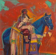 an oil painting of a native american man sitting on top of a blue horse in front of a red sky