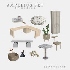 an assortment of furniture and accessories are shown in this graphic design boarder's rendering