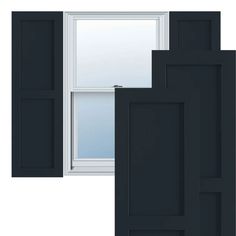 three different types of windows with black frames and white trims, one is open to the