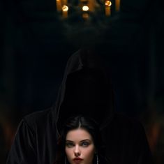 a woman in a black hooded cloak with candles behind her