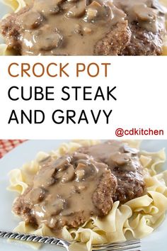 the crock pot cube steak and gravy is served on top of noodles