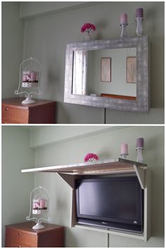 two pictures of the same room with different things on top of it, and one in front of the mirror