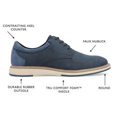 The Hodges derby from Vance Co. is the perfect shoe to take you from work to the weekend. Their 12 mm Tru Comfort Foam™ massaging insole and vegan leather will keep you comfy on long days. The lace-up closure, durable rubber outsole, cushioned collar, and round toe will add the perfect detail to give you the effect of casual yet formal. Casual Blue Plain Toe Oxfords, Casual Oxfords With Removable Insole For Derby, Casual Blue Oxfords For Derby, Blue Dress Shoes, Perfect Shoes, Derby, Vegan Leather, Dress Shoes, Lace Up