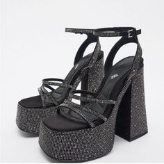 Never Worn! New!!! Black Platform Sandals Glamorous Style, Zara Luxury Party Heels, Zara Luxury Heels For Party, Zara Black Party Heels, Zara Ankle Boots, Woven Leather Sandals, Leopard Print Sandals, Rhinestone High Heels, Zara Heels