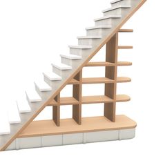 a set of stairs made out of bookshelves and shelving unit for storage