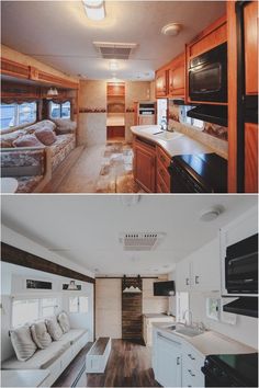 before and after photos of a mobile home kitchen, living room and dining area in an rv