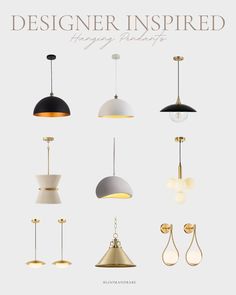 an assortment of hanging lights with the words designer inspired on them in gold, white and black