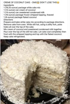 Recipe For Coconut Cake, Coconut Cream Cake, Cream Of Coconut, Coconut Cake Recipe, Coconut Desserts, Dessert Aux Fruits, Dessert Cake Recipes, Homemade Cake Recipes, Delicious Cake Recipes