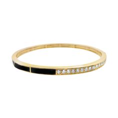 18K Yellow Gold Half Onyx and Half Diamond Bangle 0.70 Total Diamond Carat Weight Stone Count: 16 Round Diamonds Side Hinge with Push Button Clasp Safety Latch Evening Bracelets With Polished Finish, Classic Black Diamond Bracelet For Formal Occasions, Elegant Black Bangle Gold Bracelet, Elegant Black Gold Bangle Bracelet, Luxury Round Bangle For Evening, Luxury Black Bracelets For Wedding, Formal Yellow Gold Bangle With Black Enamel, Luxury Black Diamond Bracelet For Anniversary, Timeless Black Bangle Jewelry