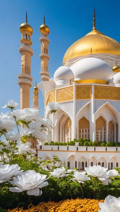 a large white and gold building surrounded by lots of flowers in the middle of it