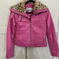 Excellent Condition. Real Leather. Rabbit Fur Collar Leather Jacket With Fur Collar, Leather Jacket With Fur, Jacket With Fur Collar, Pink Leather Jacket, Jacket With Fur, Wilsons Leather Jacket, Fur Leather Jacket, Rabbit Fur, Fur Collar