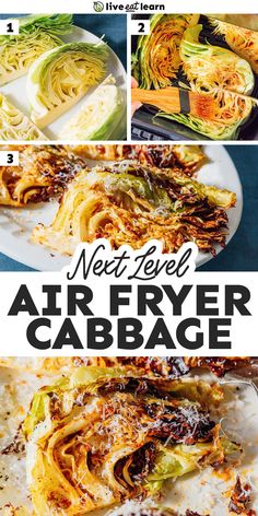 an air fryer cabbage recipe is shown with the title above it and below it