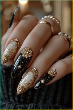 Discover the latest celestial nail trends of 2024 with US Beauty Room. From shimmering stars to delicate moons, our elegant celestial nail designs will elevate your style. Perfect for any occasion, these nail art ideas blend sophistication with cosmic charm. #NailArt #CelestialNails #BeautyTrends #USBeautyRoom #NailDesigns2024 #FashionNails Black Designer Nails, Magical Nail Design, Celestial Wedding Nails, Autumn Nail Inspiration, Artistic Nail Art, Gold Celestial Nails, Nail Art Wedding Elegant, Nails Gold And Black, Midnight Nails