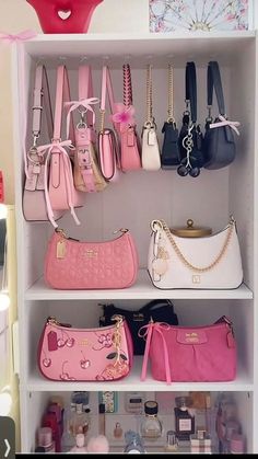 Coquette Purse Aesthetic, Girly Bags Aesthetic, Pink Designer Handbags, Pink Bottle Aesthetic, Girly Bags Purses, Outfits With Pink Purse, Purse Collection Aesthetic, Pink Bag Outfit Ideas, Purses And Handbags Aesthetic