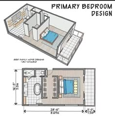 the floor plan for a small bedroom with a bed and bathroom in one room,