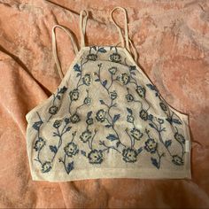 New- Halter Style- Sheer- Embroidered Blue Flowers- Buttons On Back- Hand Wash Embroidered Beige Tops For Vacation, Cream Embroidered Tops For Vacation, Beige Tops With Tonal Embroidery For Spring, Fitted Embroidered Beige Top, Brown Crop Top, Floral Cami, Poncho Style, Blue Crop Tops, Bohemian Floral