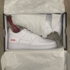 Brand New In Box Supreme X Nike Af1 Collab, Size 8 In Men’s, Includes Box And Both Sets Of Laces. I’ll Also Throw In Some Extra Supreme Stickers If Interested! Supreme X Nike, Supreme Shoes, Supreme Sticker, Nike Air Force 1, 8 M, Air Force 1, Mens Shoes Sneakers, Nike Air Force, Air Force