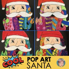 four pictures of santa claus with different hats and beards, one is for pop art