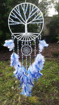 a blue and white dream catcher in the grass