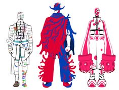 three different types of costumes are shown in this drawing style, each with an individual's body and head