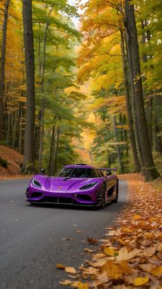 a purple sports car driving down the road in front of trees with yellow leaves on it