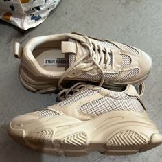 Almost Brand New Rarely Worn. Great Condition Trendy Beige Sneakers With Perforated Toe Box, Beige Mesh Sneakers With Round Toe, Casual Chunky Mesh Sneakers With Vented Sides, Casual Chunky Sneakers With Vented Sides, Chunky Sneakers With Vented Sides For Streetwear, Casual Cream Sneakers With Vented Sides, Casual Beige Sneakers With Vented Sides, Steve Madden Possession Sneakers, Steve Madden Possession