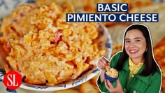 a woman holding a cupcake in front of a plate of food with the words basic pimentoo cheese on it