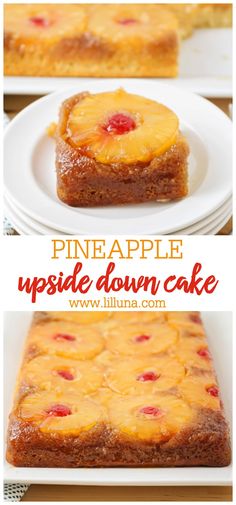 pineapple upside down cake on a white plate with text overlay that reads pineapple upside down cake